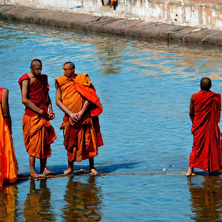 small group of monks talking at the Ganges River on a sunny day